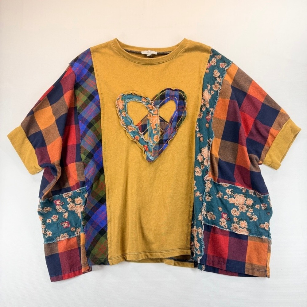 Easel Patchwork Heart Top Oversized Boho Plaid Floral Tunic Small - Picture 11 of 14